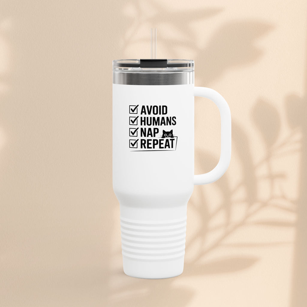 Funny Insulated Travel Mug - Avoid Humans Nap Repeat - 40oz, Coffee Cup, Gift for Introverts, Travel Mug, Holiday Present