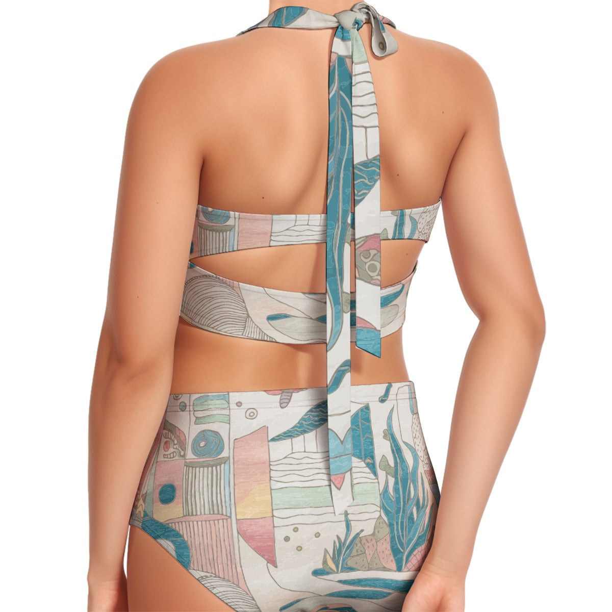 Ocean Print Women's Swimsuit Set With Halter