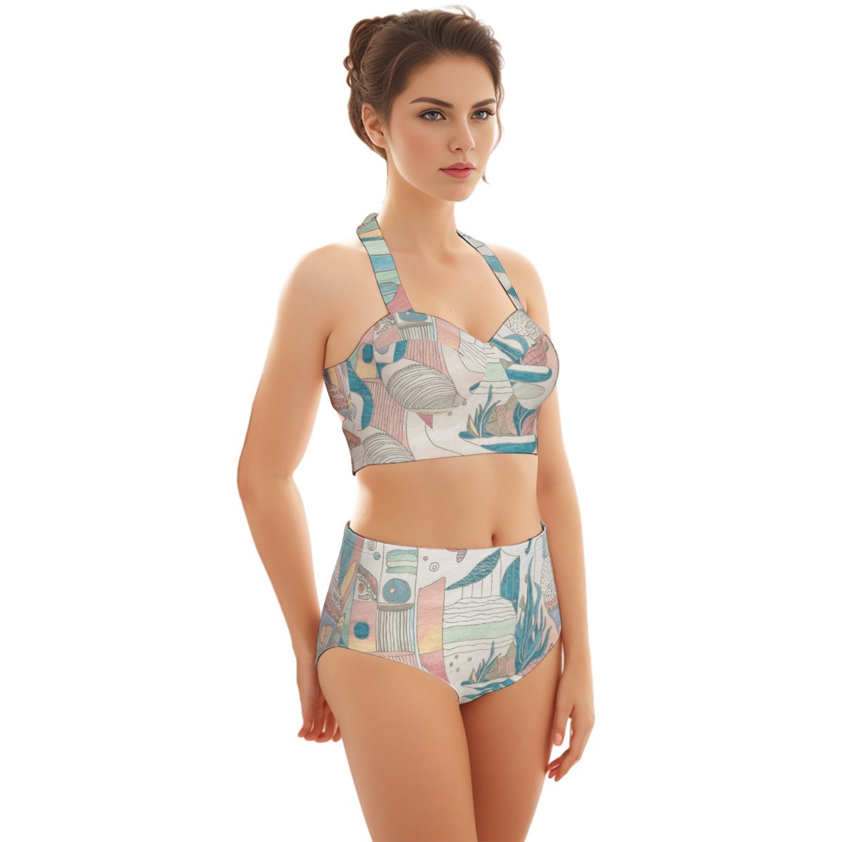 Ocean Print Women's Swimsuit Set With Halter