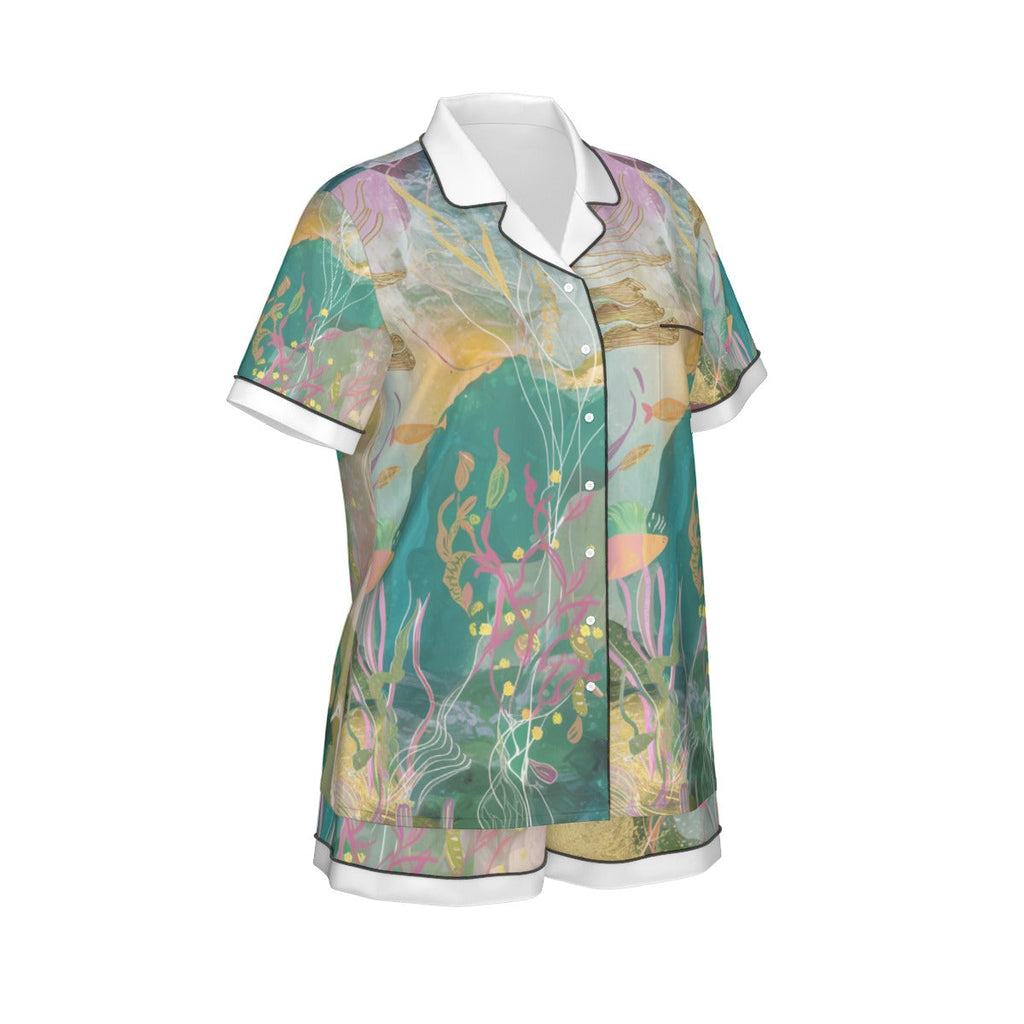Ocean Life Women's Imitation Silk Pajama Set With Short Sleeve