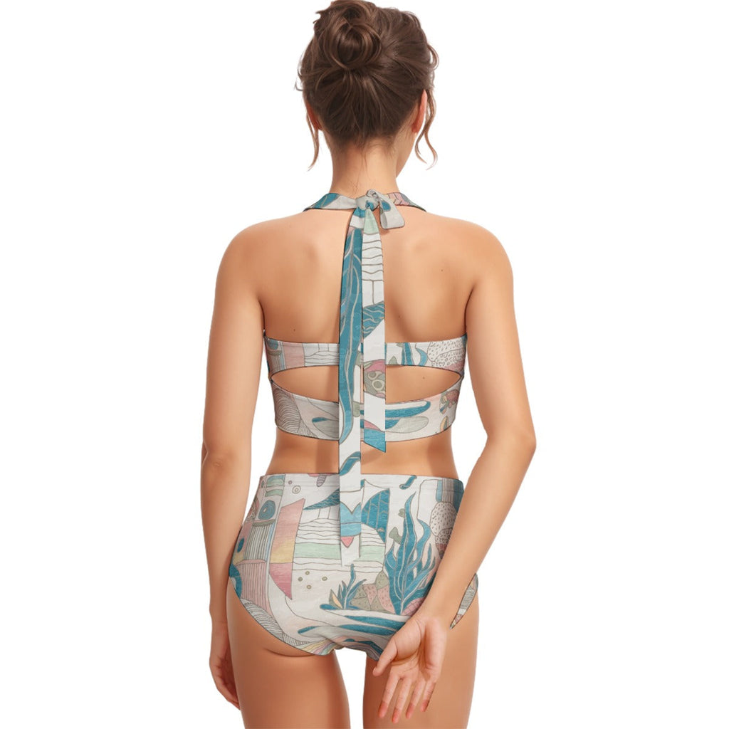 Ocean Print Women's Swimsuit Set With Halter