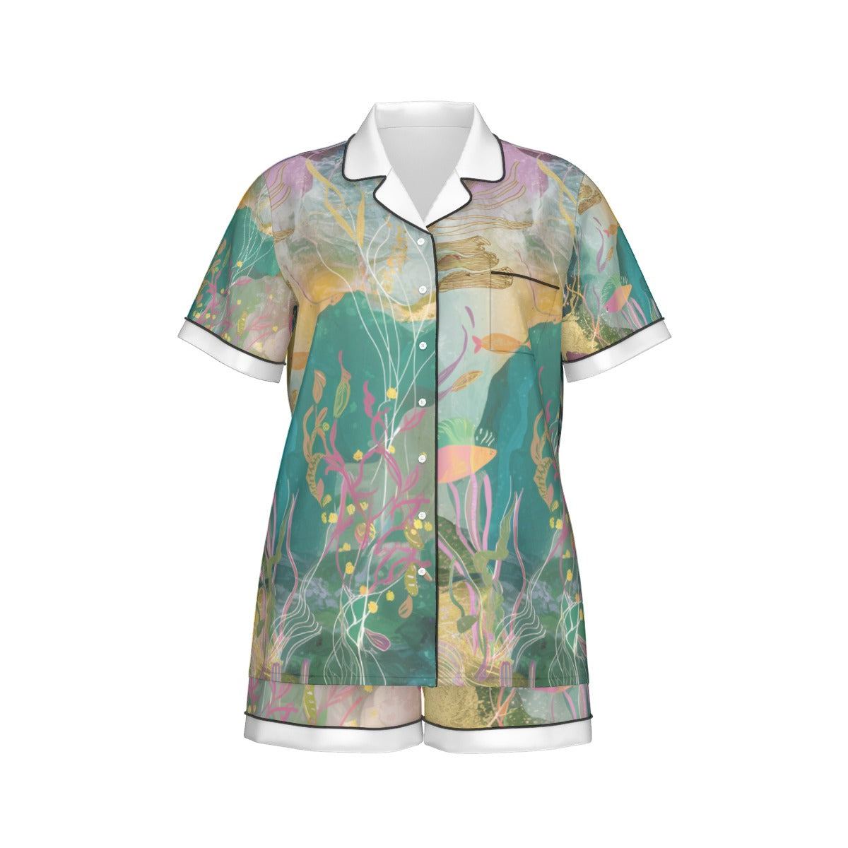 Ocean Life Women's Imitation Silk Pajama Set With Short Sleeve