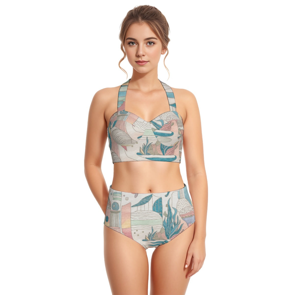 Ocean Print Women's Swimsuit Set With Halter