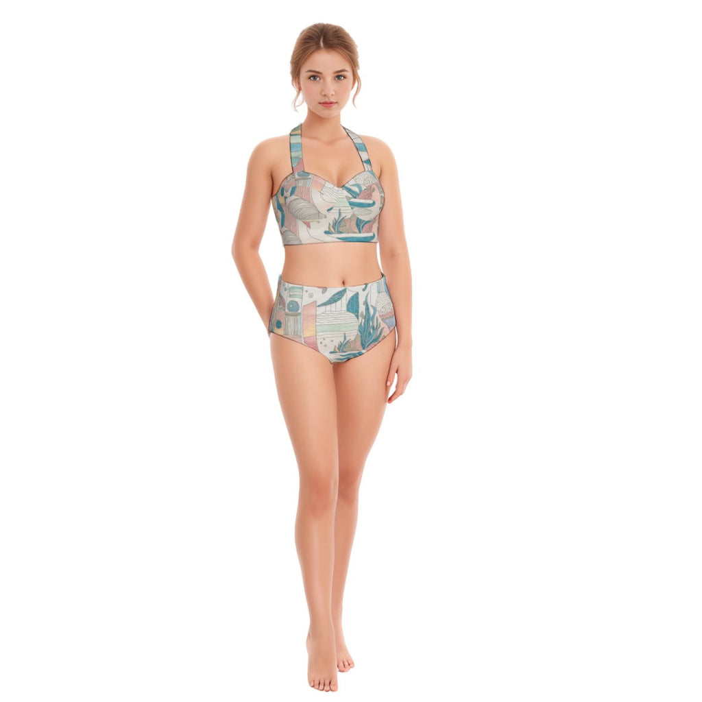 Ocean Print Women's Swimsuit Set With Halter