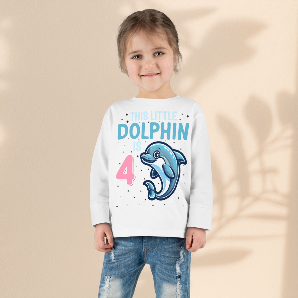 Dolphin Birthday Tee for 4-Year-Olds, Cute Dolphin Birthday Tee for Kids, Toddler Long Sleeve, 4th Birthday Gift, Ocean-Themed Shirt