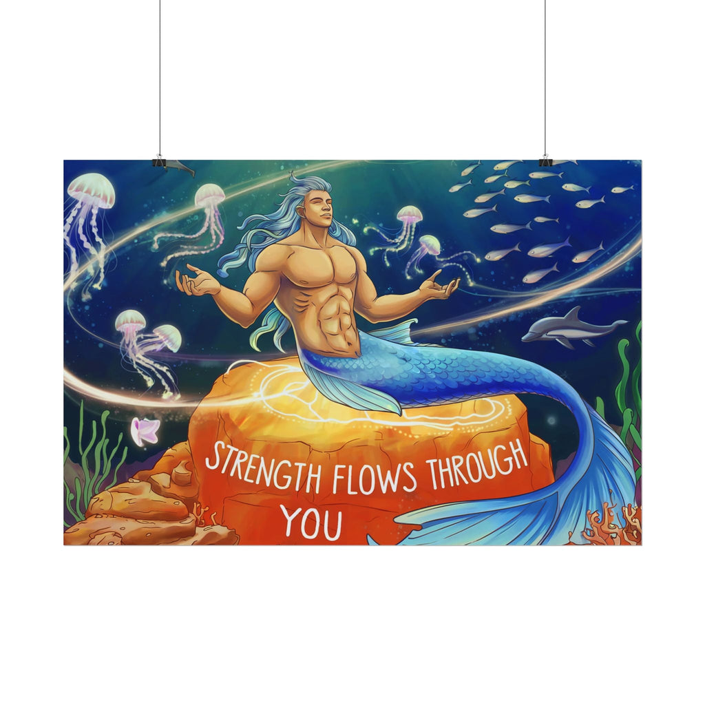 Inspirational Merman Rolled Poster - 'Strength Flows Through You' Artwork for Ocean Lovers