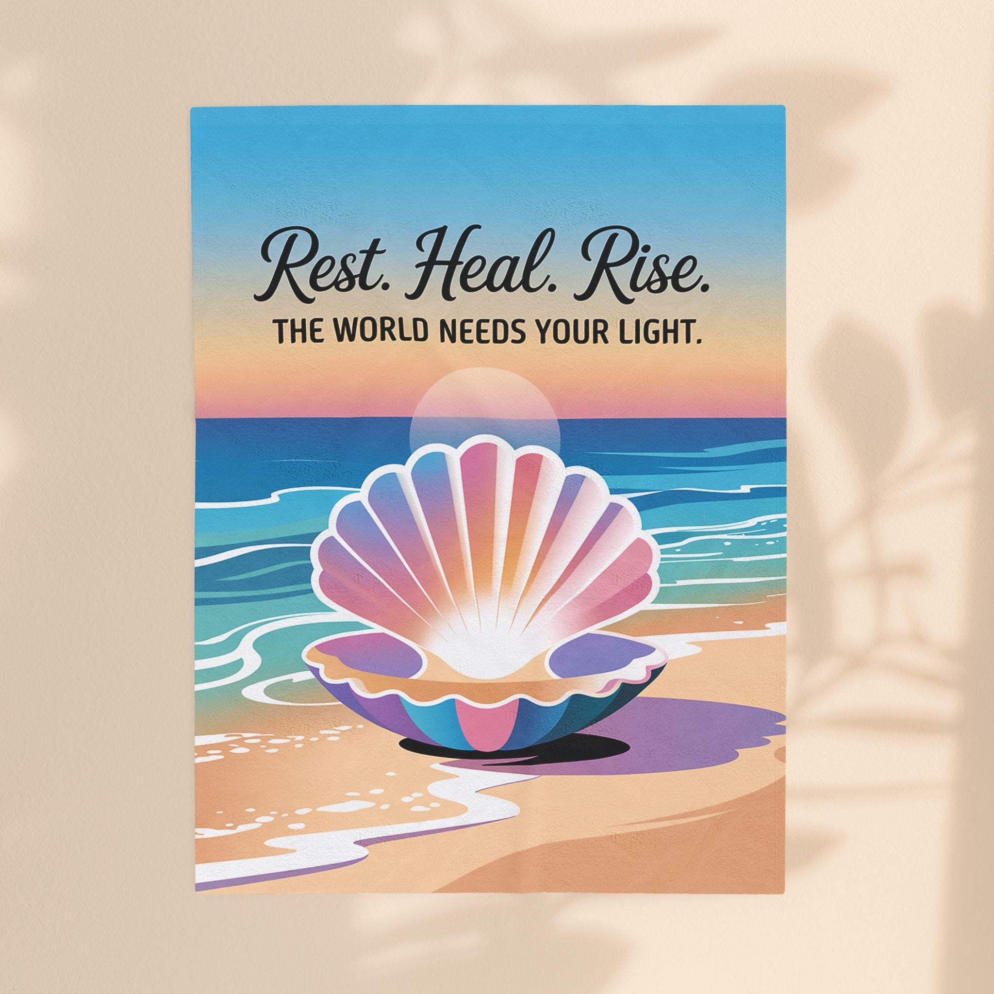Inspiring Velveteen Plush Blanket - 'Rest. Heal. Rise.' Ocean Vibes
