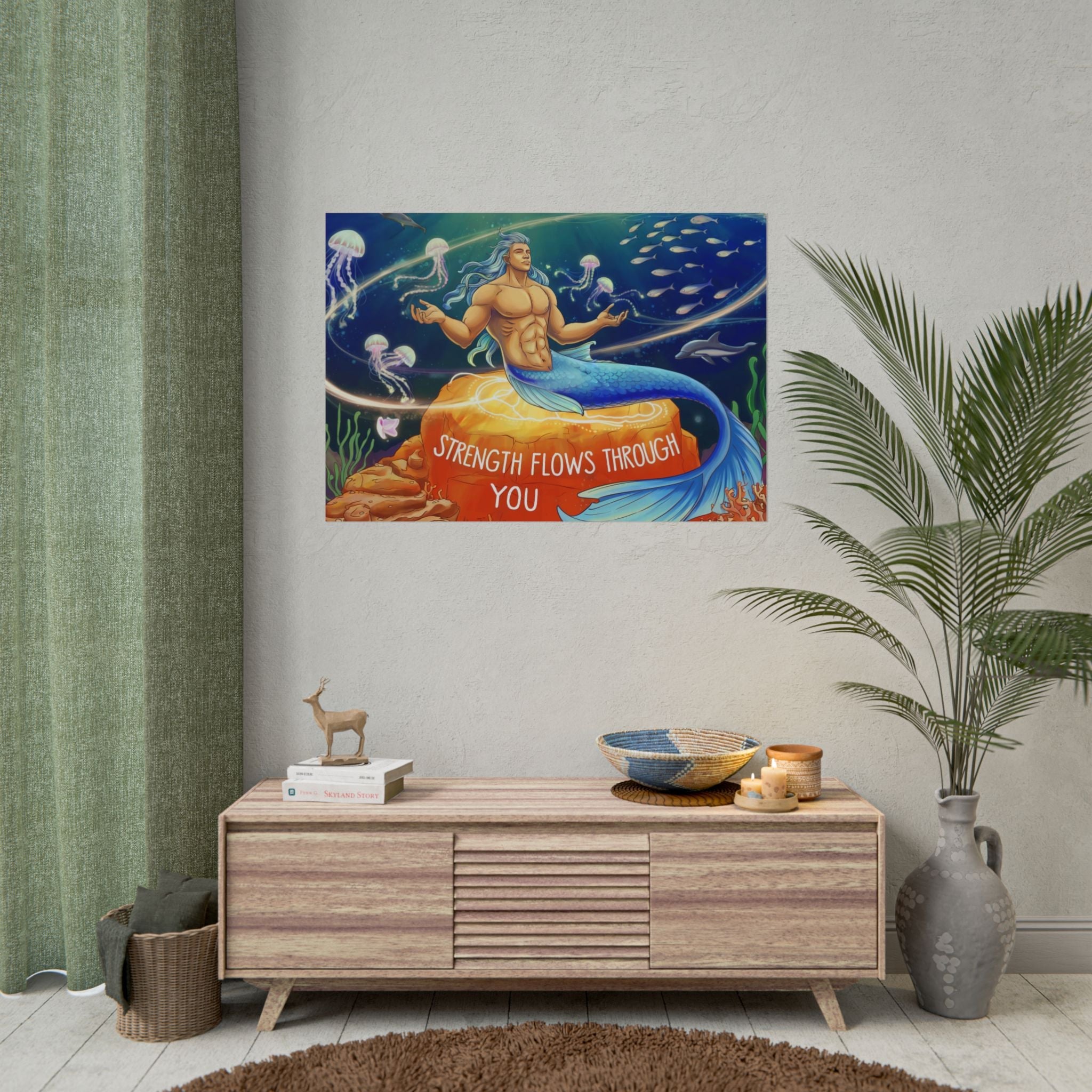 Inspirational Merman Rolled Poster - 'Strength Flows Through You' Artwork for Ocean Lovers