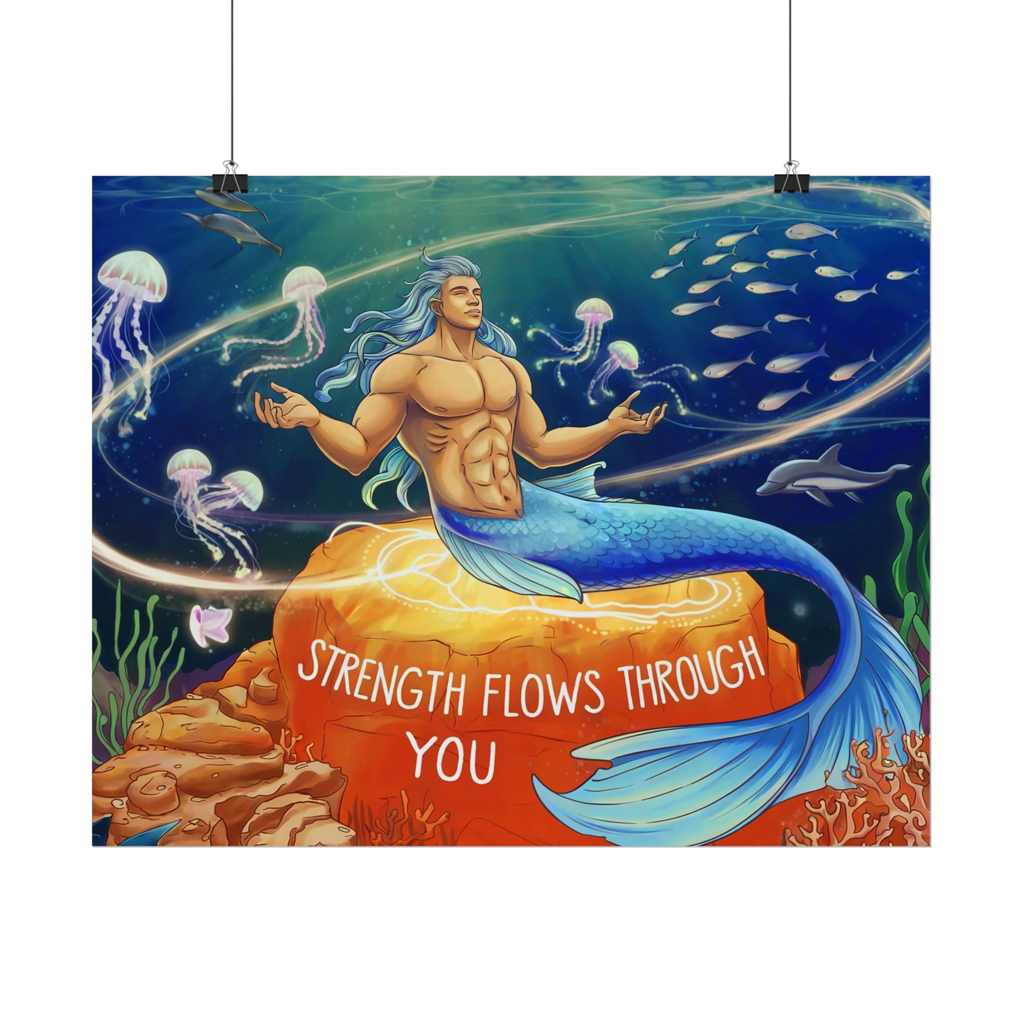 Inspirational Merman Rolled Poster - 'Strength Flows Through You' Artwork for Ocean Lovers