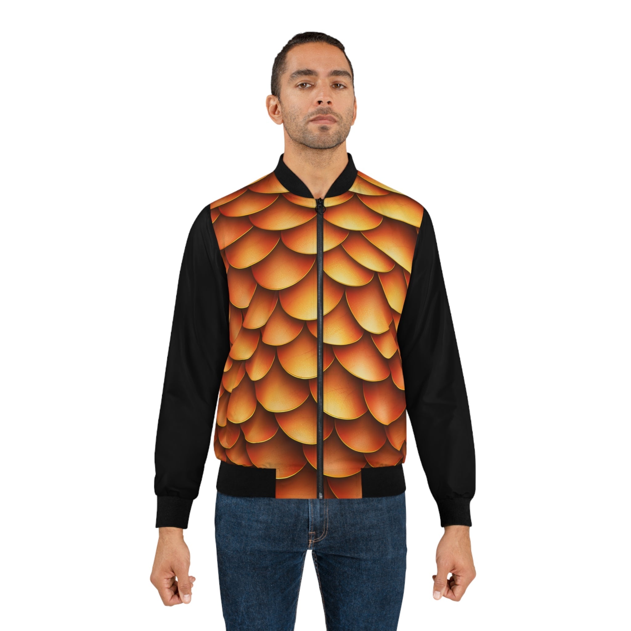 Golden Merman Bomber Jacket – Mythical Dragon-Scale Style for Men