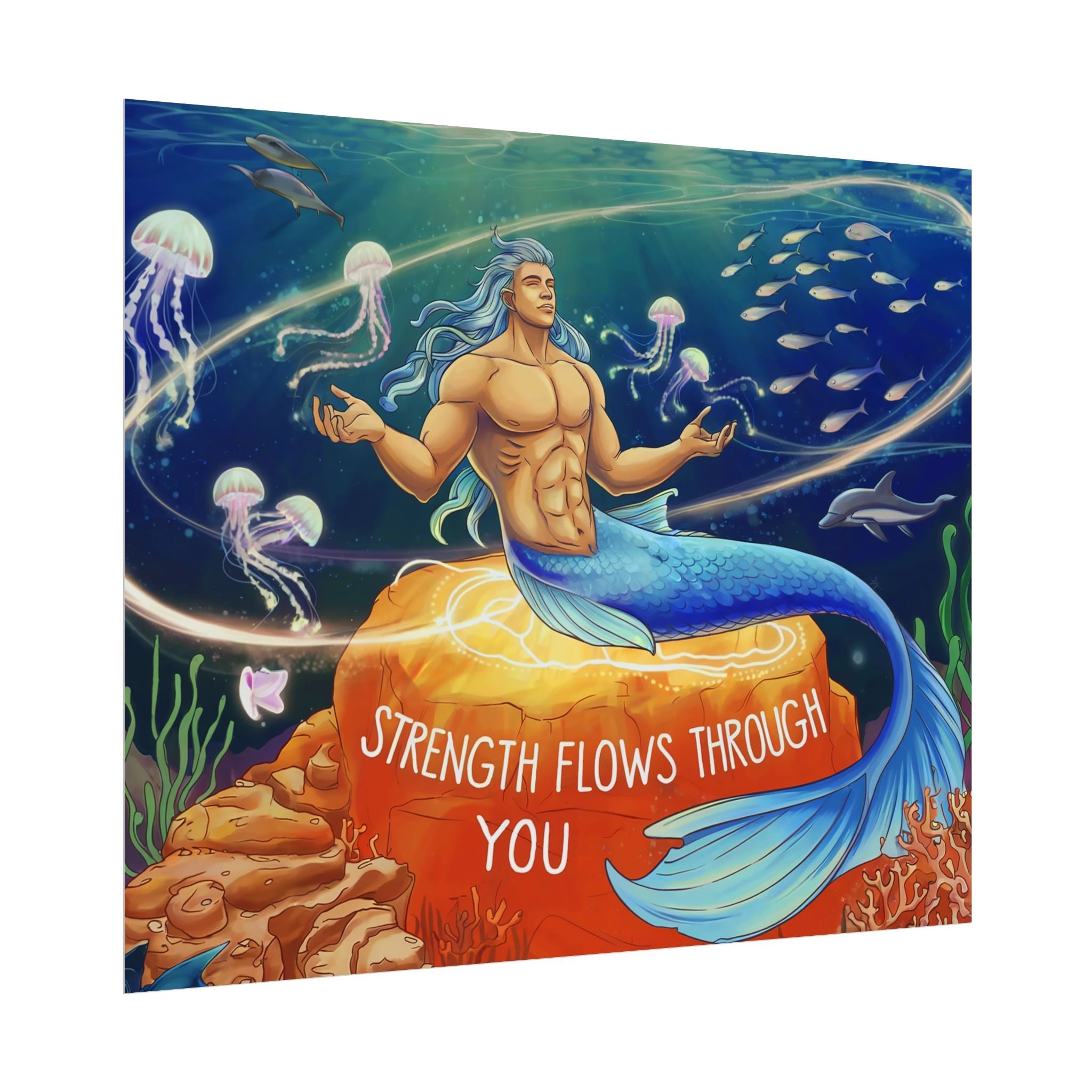 Inspirational Merman Rolled Poster - 'Strength Flows Through You' Artwork for Ocean Lovers