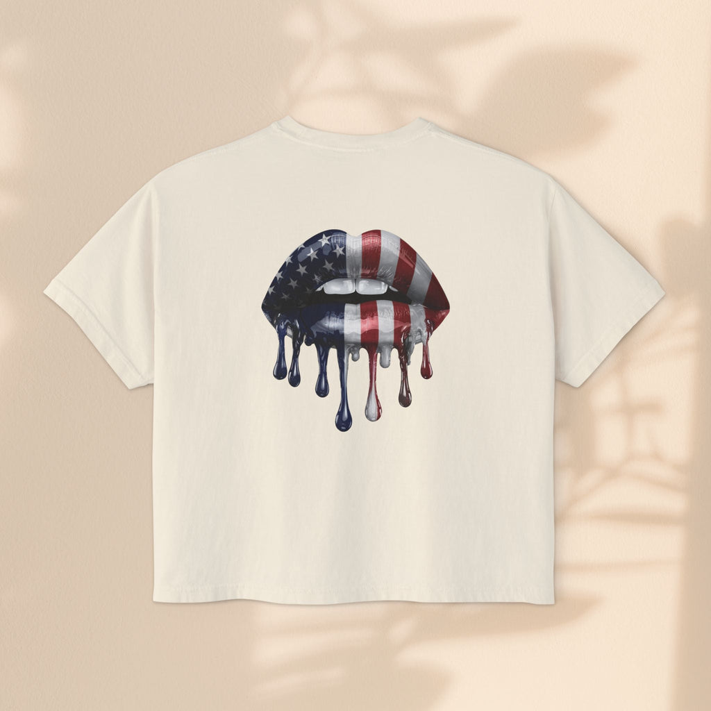 Patriotic Women's Boxy Tee with Dripping Lips Design