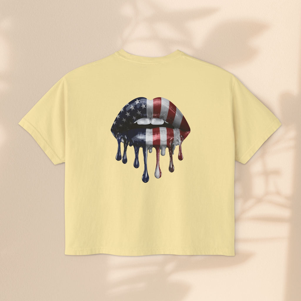 Patriotic Women's Boxy Tee with Dripping Lips Design