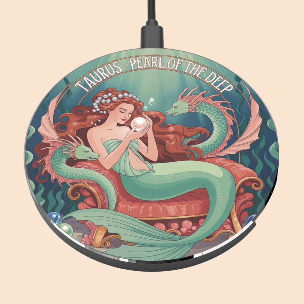 Mermaid Taurus Wireless Charger, Taurus Gift, Astrology Decor, Celestial Phone Charger, Unique Desk Accessory