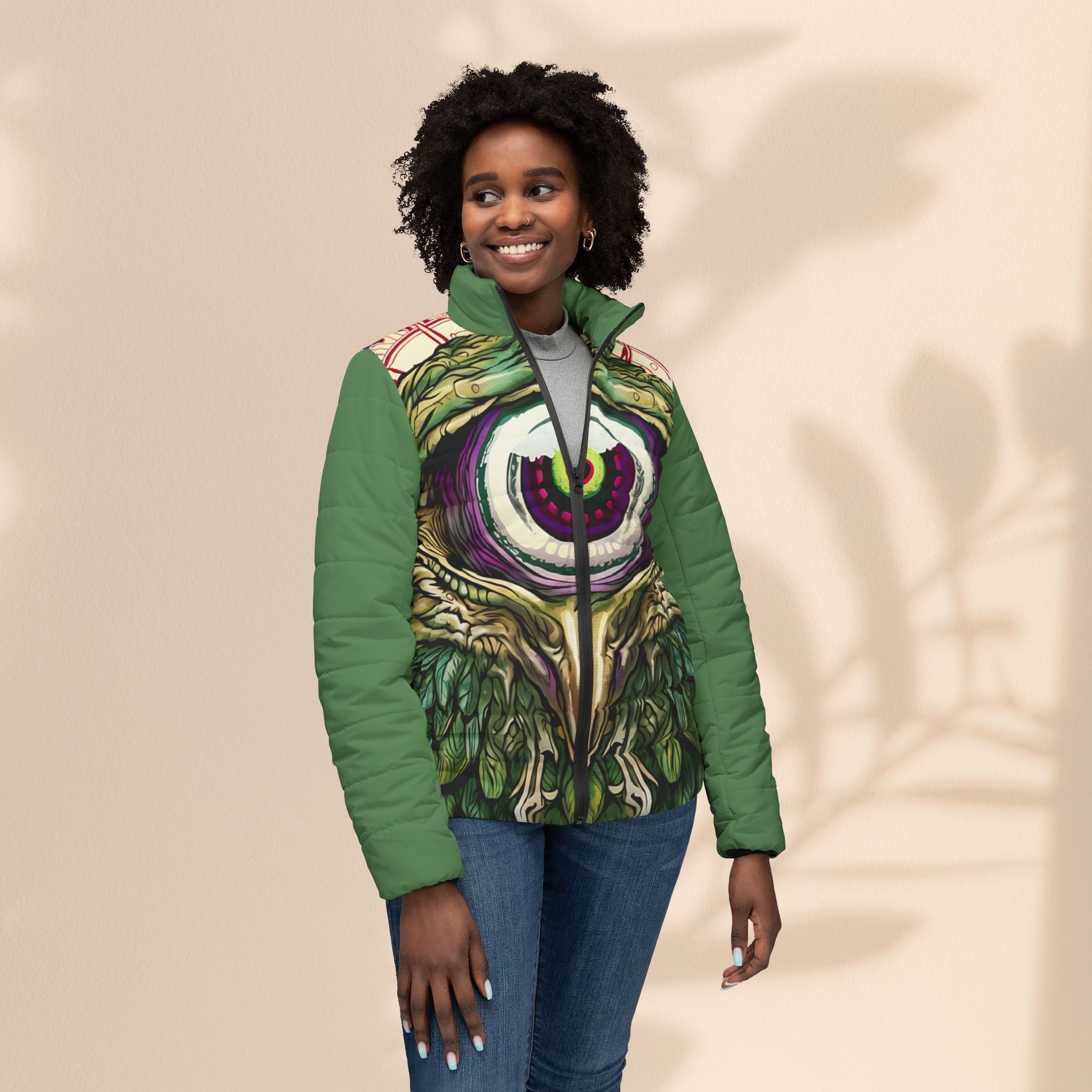 Bohemian Owl Women’s Puffer Jacket - Artful and Stylish Outerwear