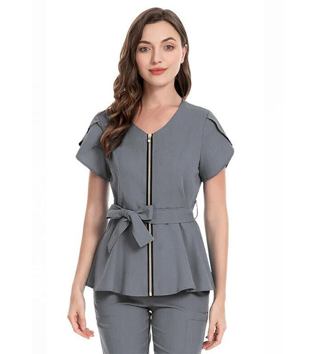 Poplin Women's Fashion Scrub Set with Front Zipper and Belt Scrub Top with Pant 2-Side and 2-Cargo Pocket