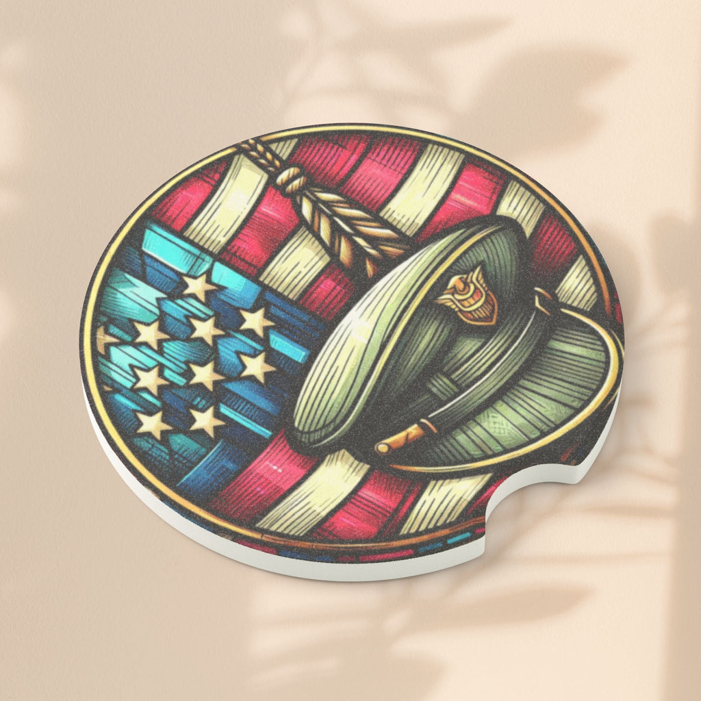 Patriotic Soapstone Car Coaster - USA Flag & Military Hat Design for Veterans and Car Enthusiasts