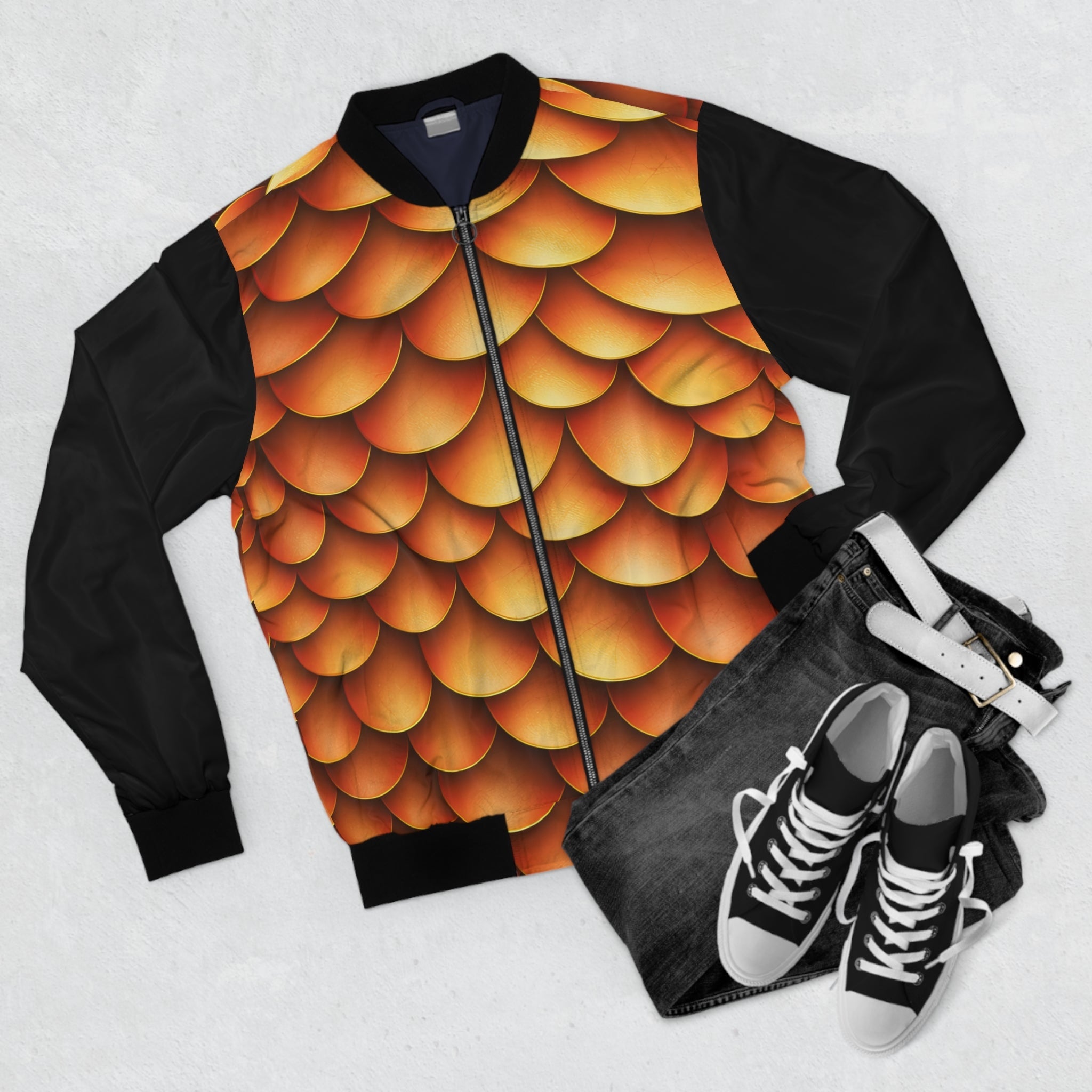 Golden Merman Bomber Jacket – Mythical Dragon-Scale Style for Men