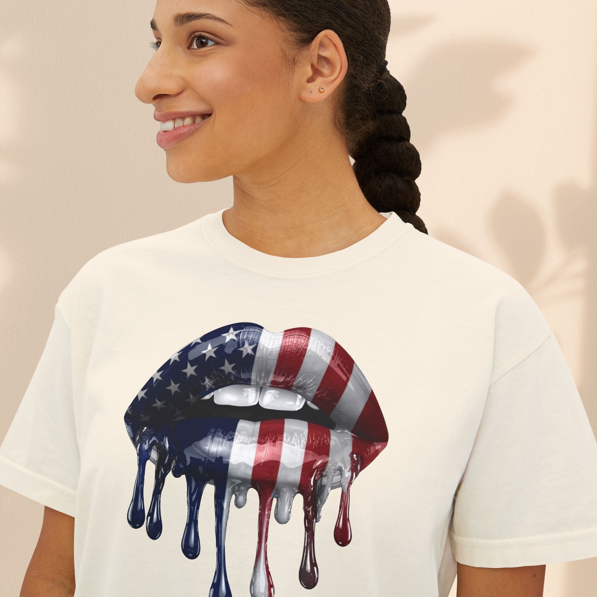 Patriotic Women's Boxy Tee with Dripping Lips Design