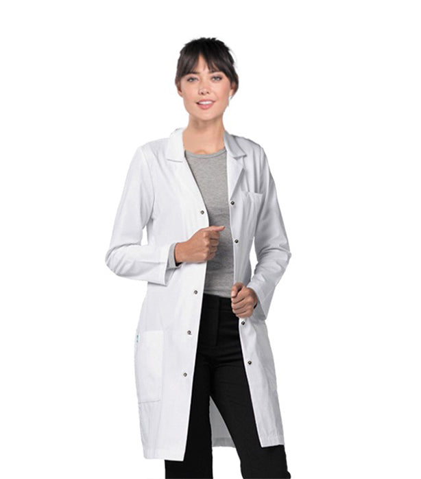 Poplin labcoat ladies full sleeve with snap buttons 3 pockets solid pleated (35 perc cotton 65 perc polyester) in 36 38 40 42 lengths
