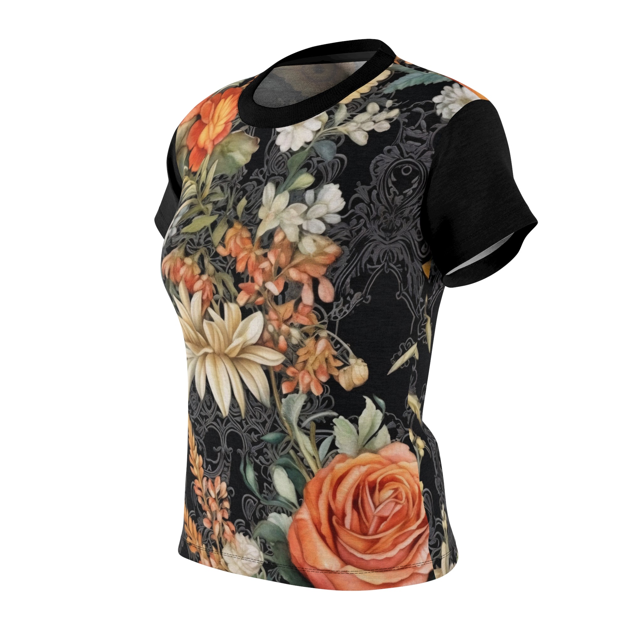 Peach Floral Print Women's Tee, Vibrant Cut & Sew T-Shirt, Summer Style, Casual Fashion, Everyday Wear, Gift for Her