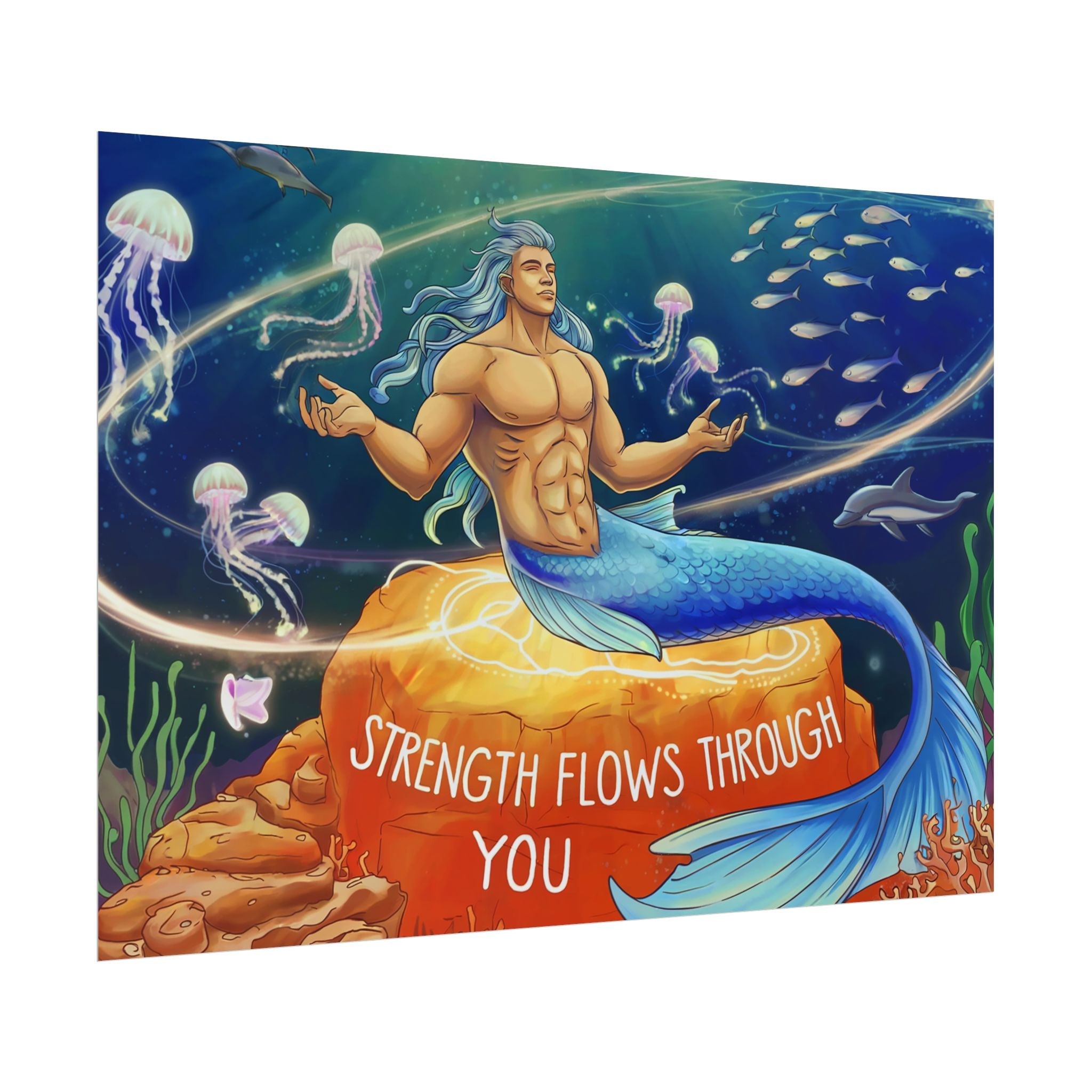 Inspirational Merman Rolled Poster - 'Strength Flows Through You' Artwork for Ocean Lovers
