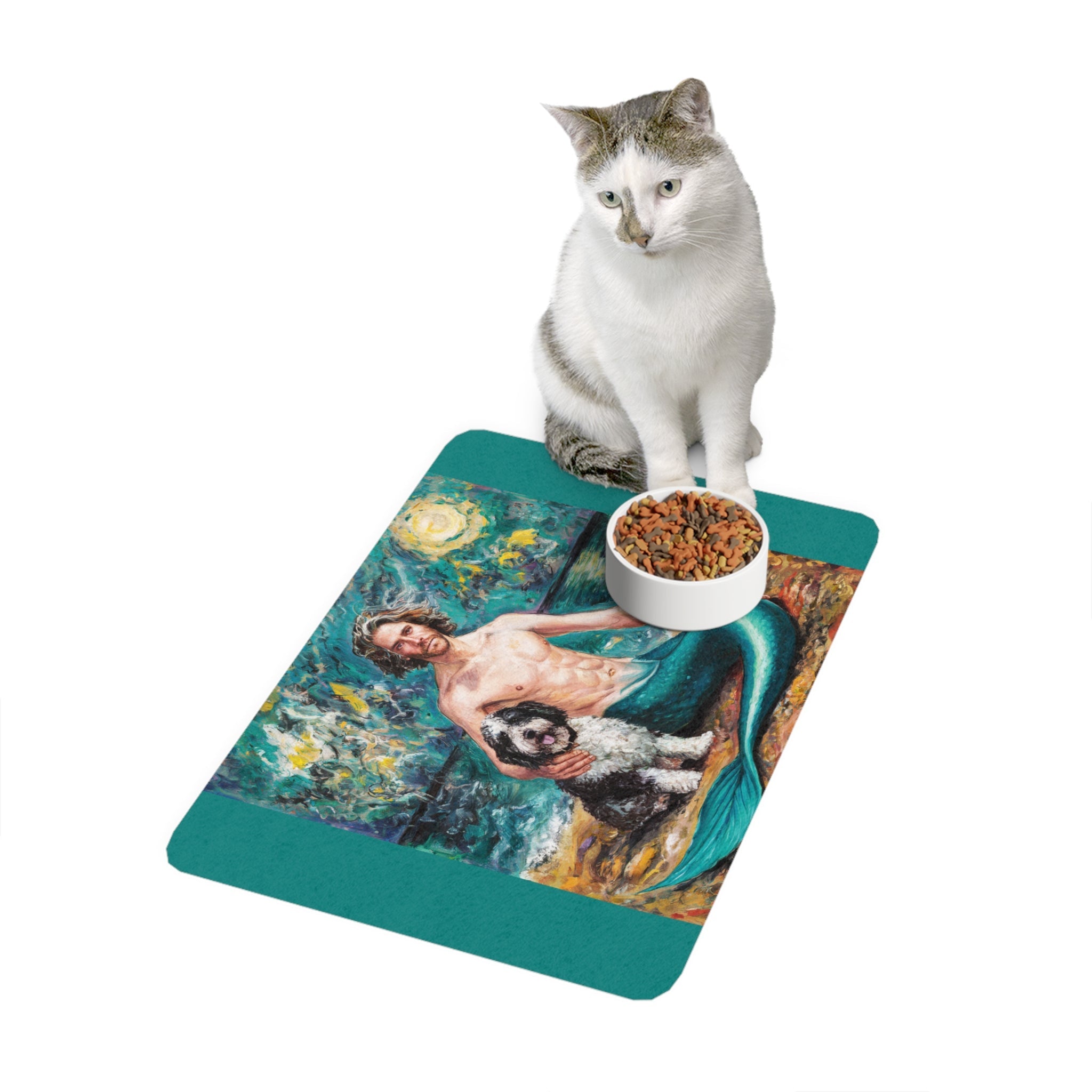 Merman with Dog Pet Food Mat | Non-Slip Feeding Mat