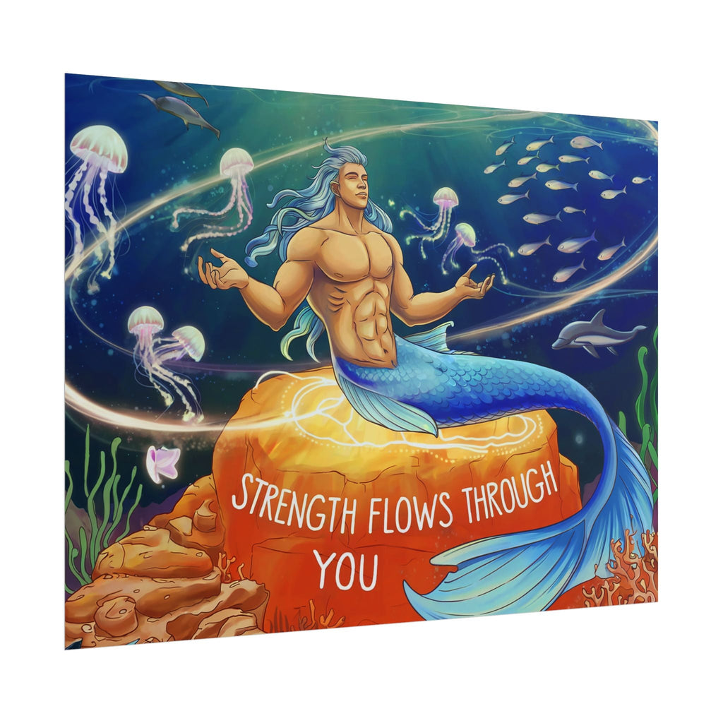 Inspirational Merman Rolled Poster - 'Strength Flows Through You' Artwork for Ocean Lovers
