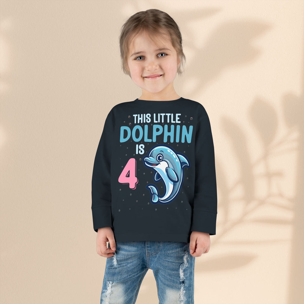 Dolphin Birthday Tee for 4-Year-Olds, Cute Dolphin Birthday Tee for Kids, Toddler Long Sleeve, 4th Birthday Gift, Ocean-Themed Shirt
