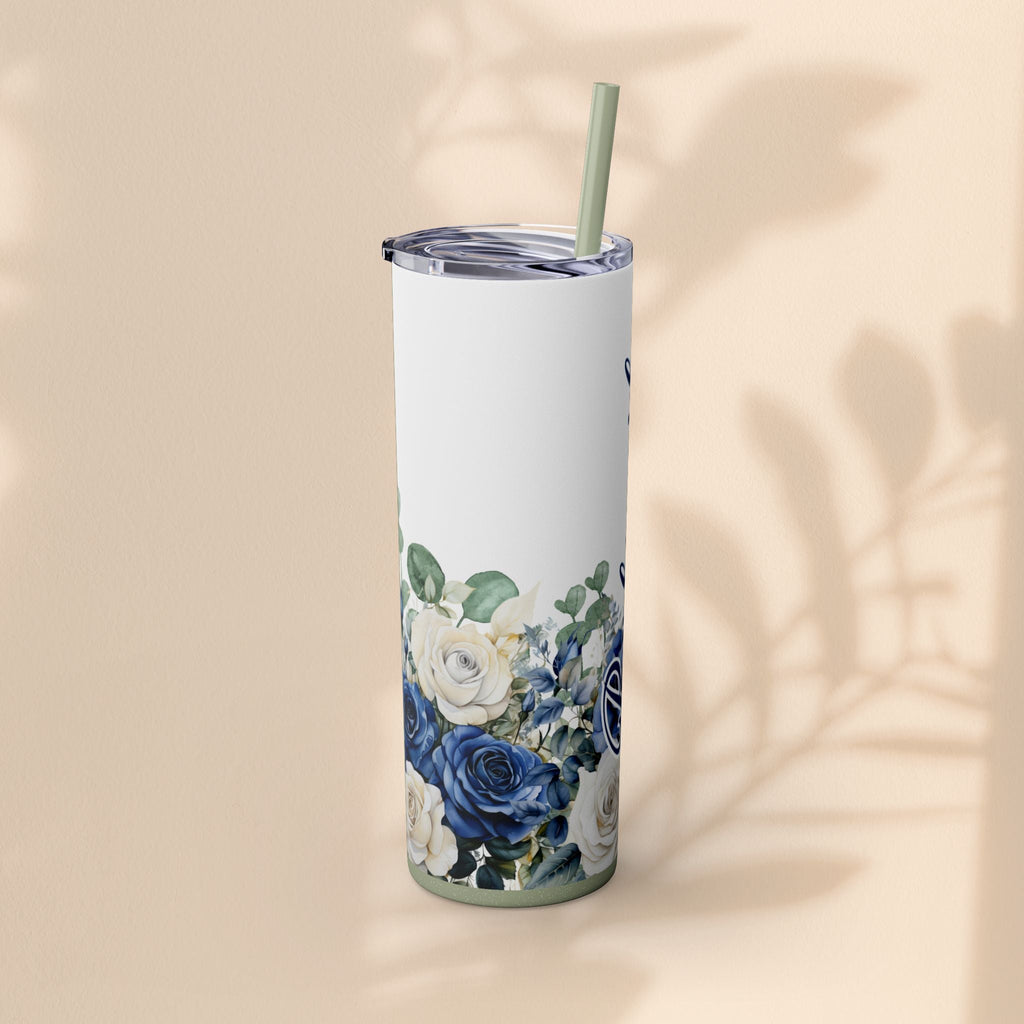 Bridesmaid Skinny Tumbler, 20oz Rose Floral Tumbler, Wedding Gift, Bridal Party, Customizable, Floral Tumbler