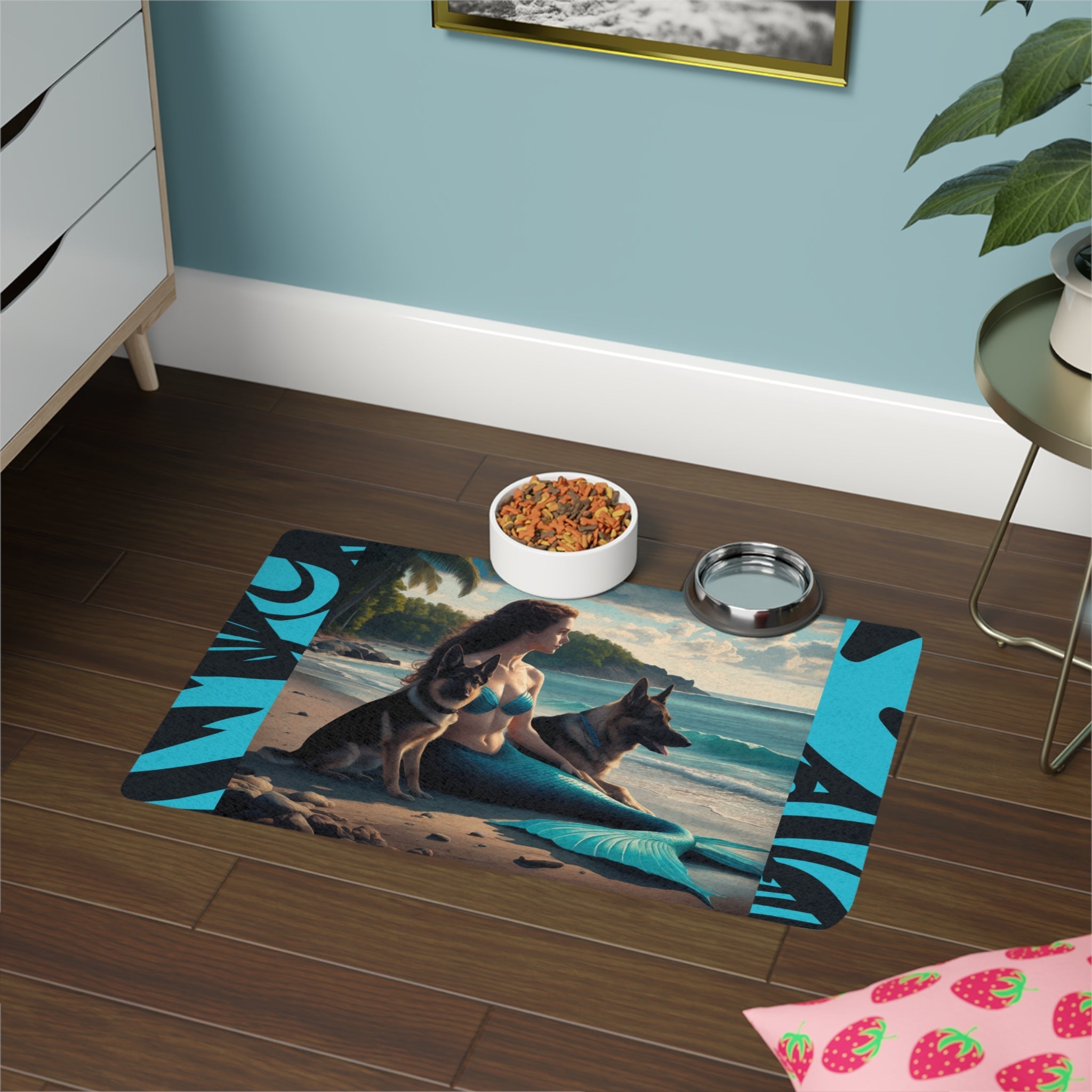 Mermaid with German Shepherds Pet Food Mat | Non-Slip Mat