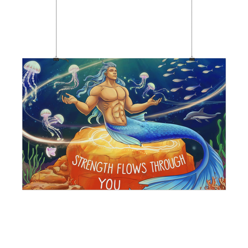 Inspirational Merman Rolled Poster - 'Strength Flows Through You' Artwork for Ocean Lovers