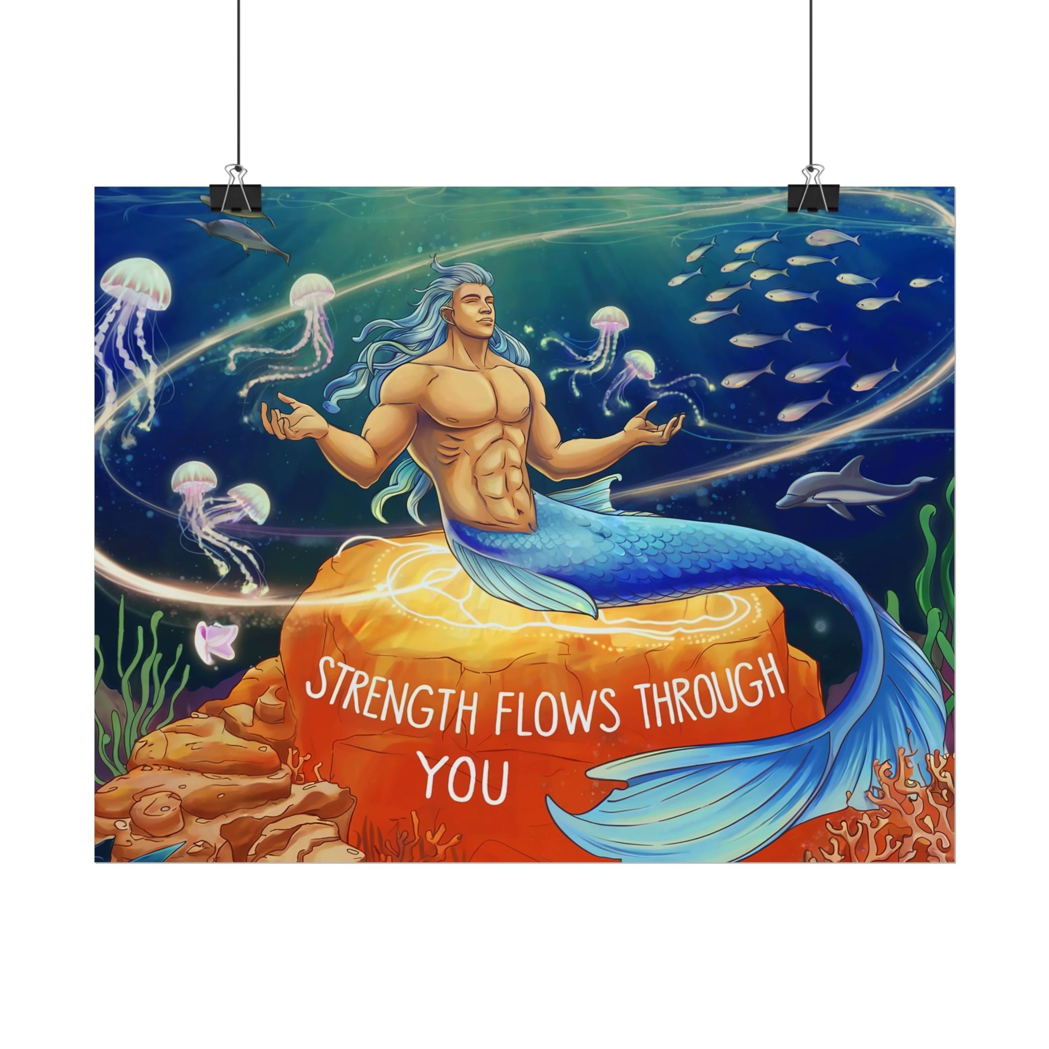 Inspirational Merman Rolled Poster - 'Strength Flows Through You' Artwork for Ocean Lovers