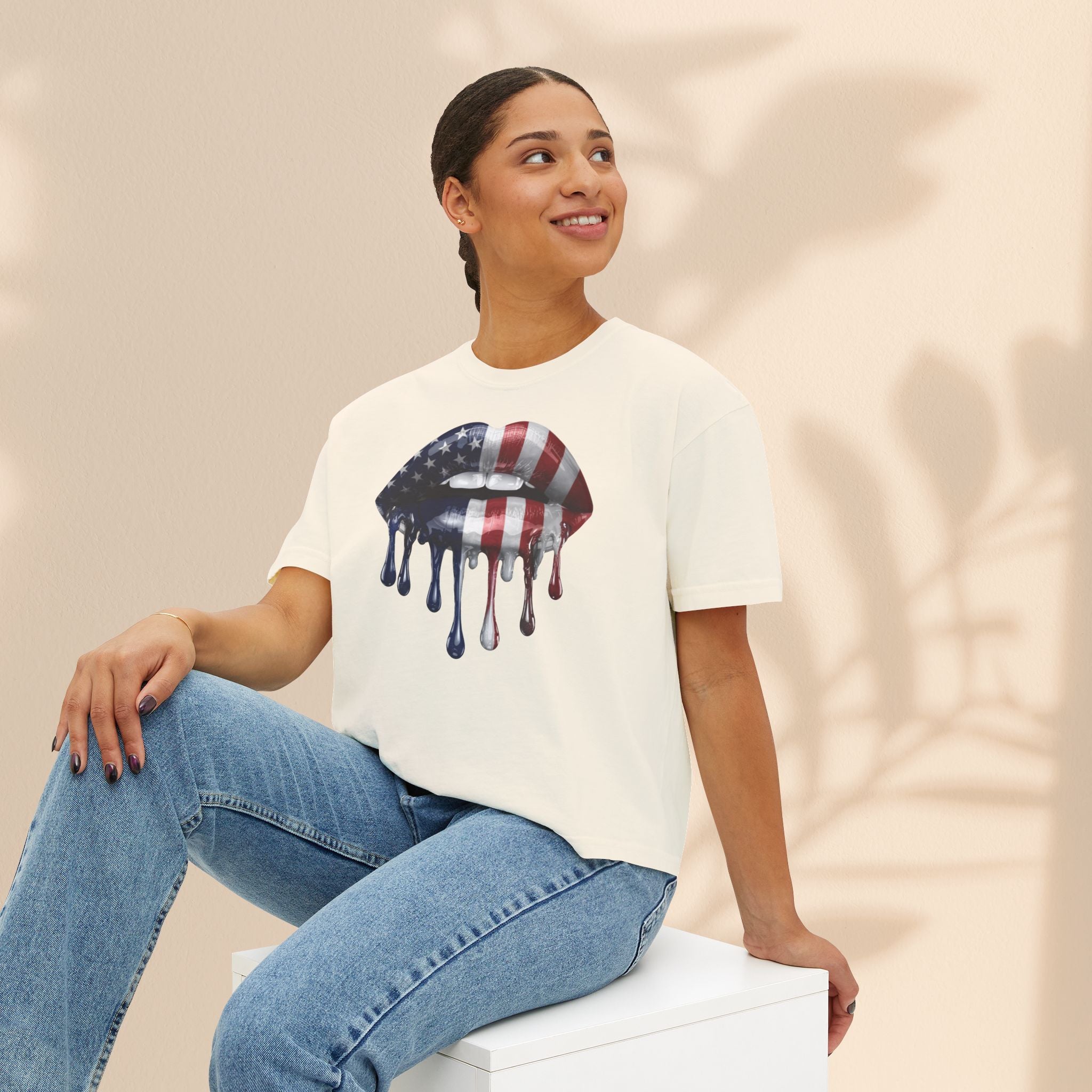 Patriotic Women's Boxy Tee with Dripping Lips Design