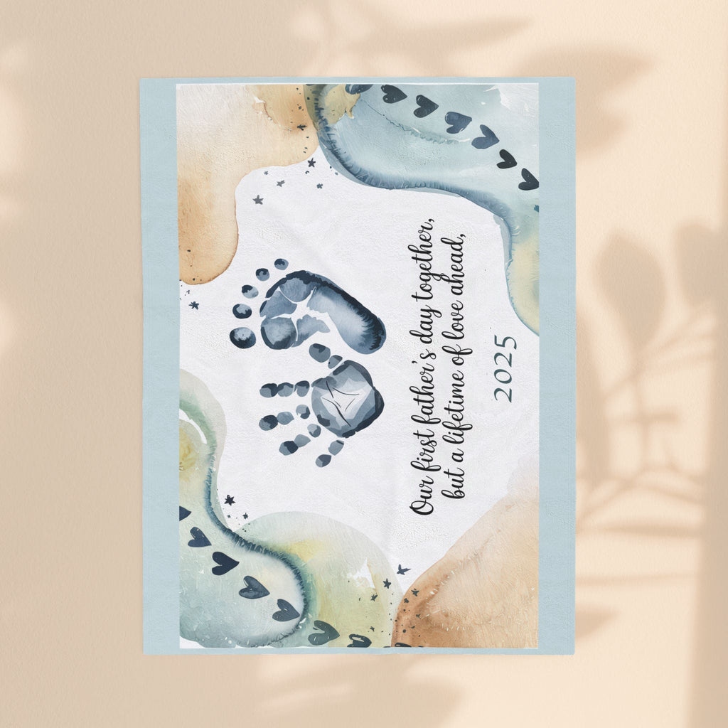 First Father's Day Velveteen Plush Blanket - Handprint Design for Baby's First Year