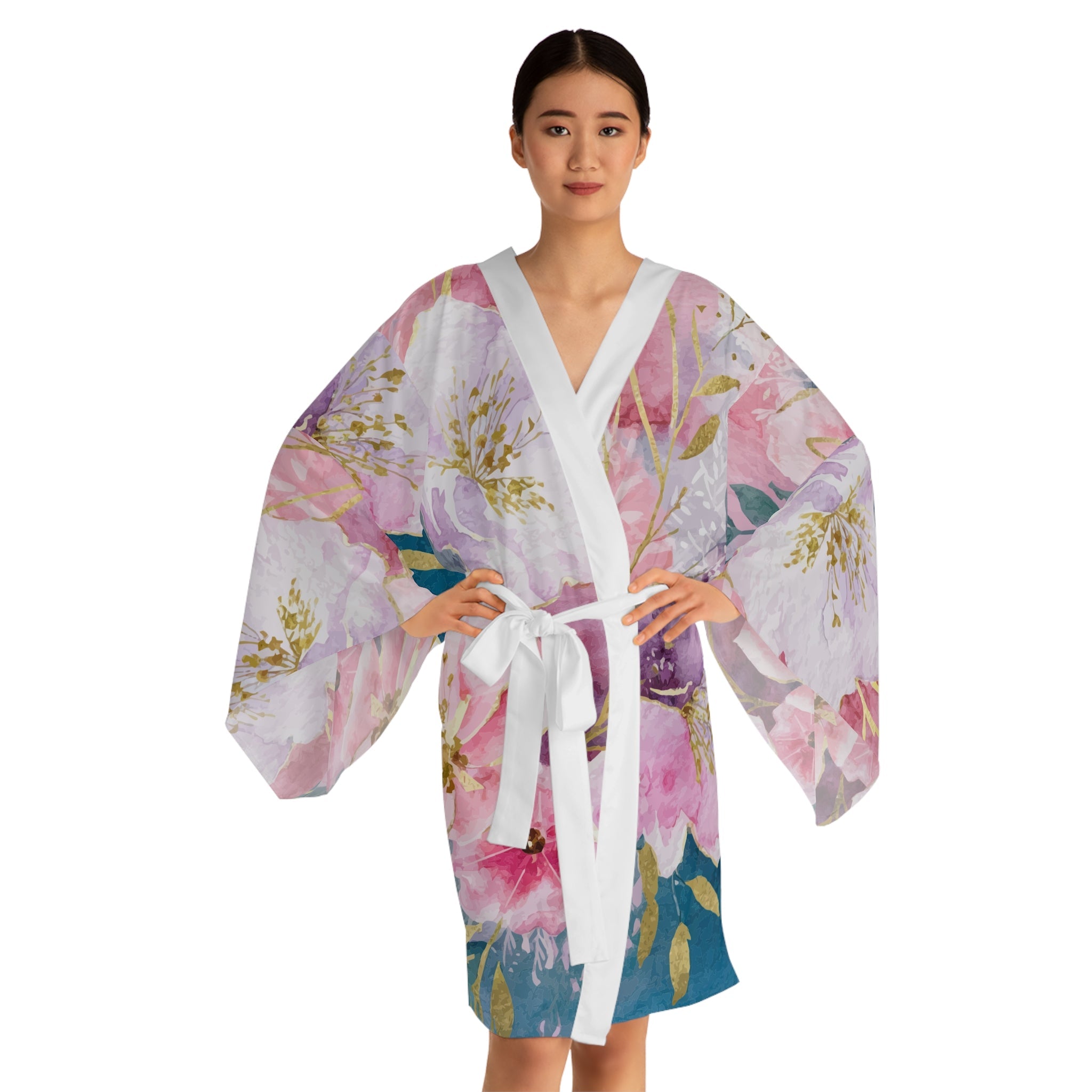 Long Sleeve Kimono Robe  - Pastel Roses