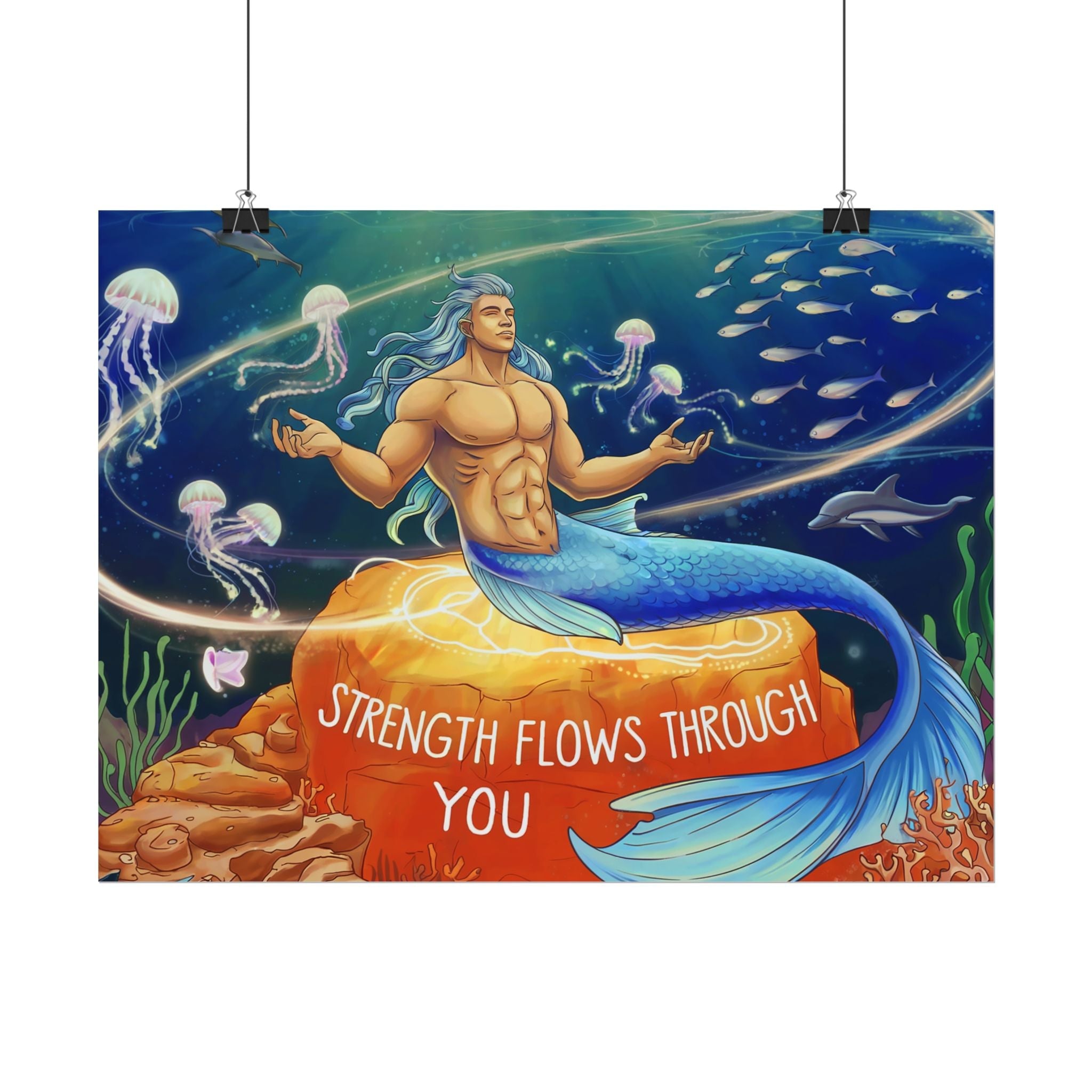 Inspirational Merman Rolled Poster - 'Strength Flows Through You' Artwork for Ocean Lovers