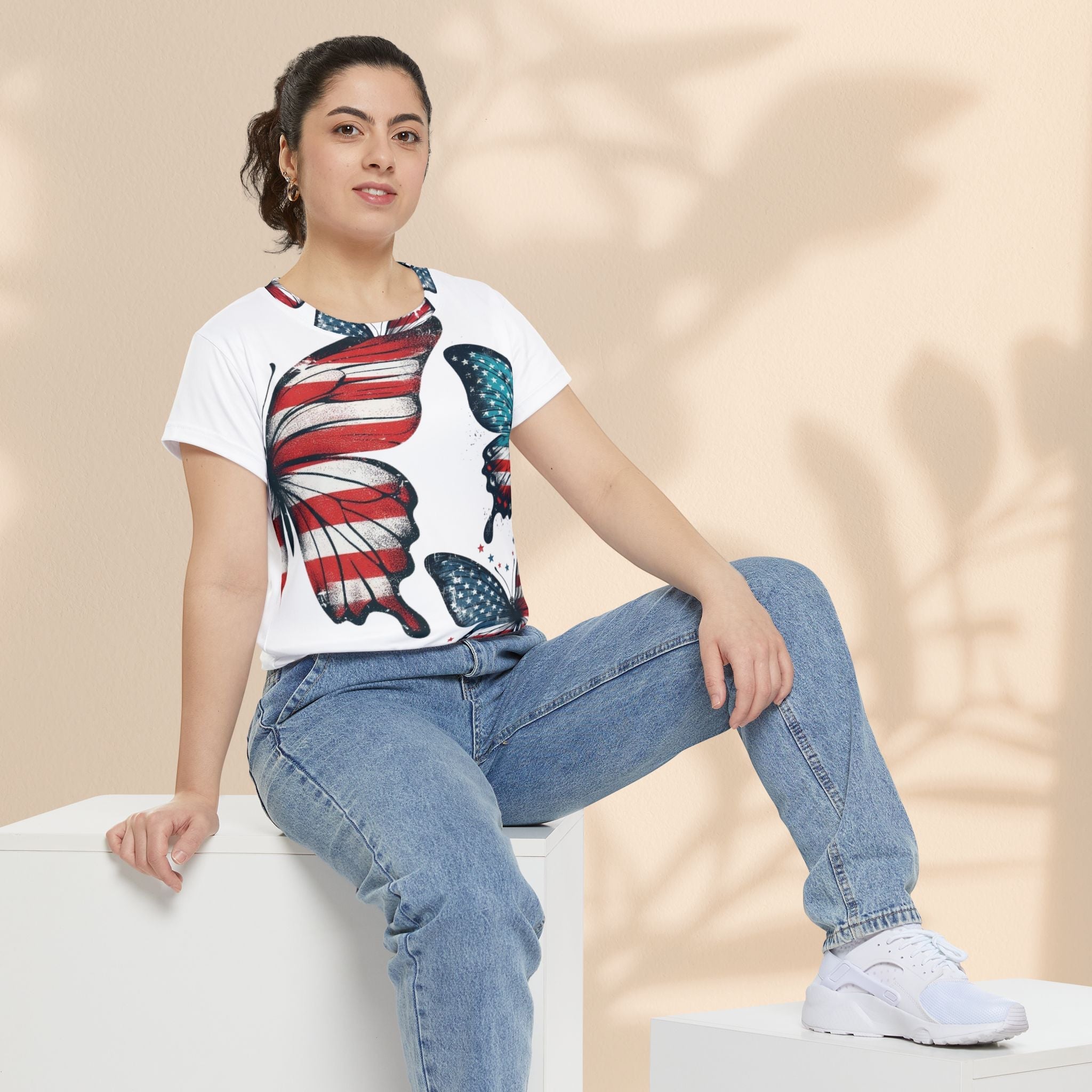 Patriotic Butterfly Tee for Women - Short Sleeve American Flag Shirt