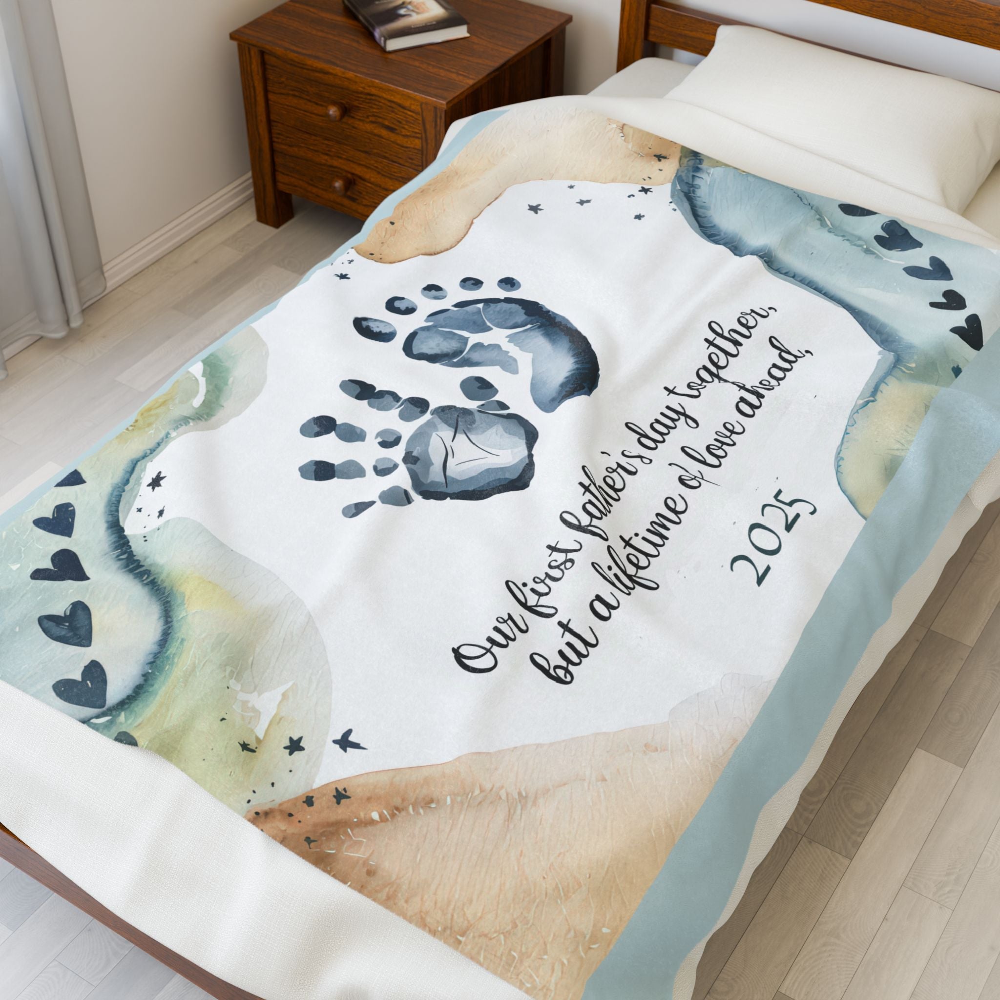First Father's Day Velveteen Plush Blanket - Handprint Design for Baby's First Year