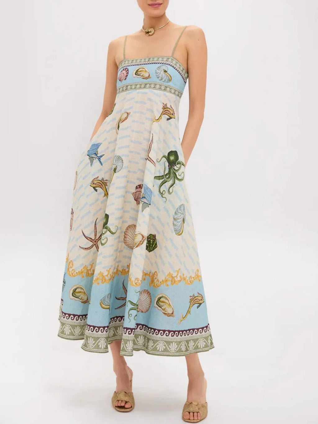 Ocean Print Spaghetti Strap Midi Dress