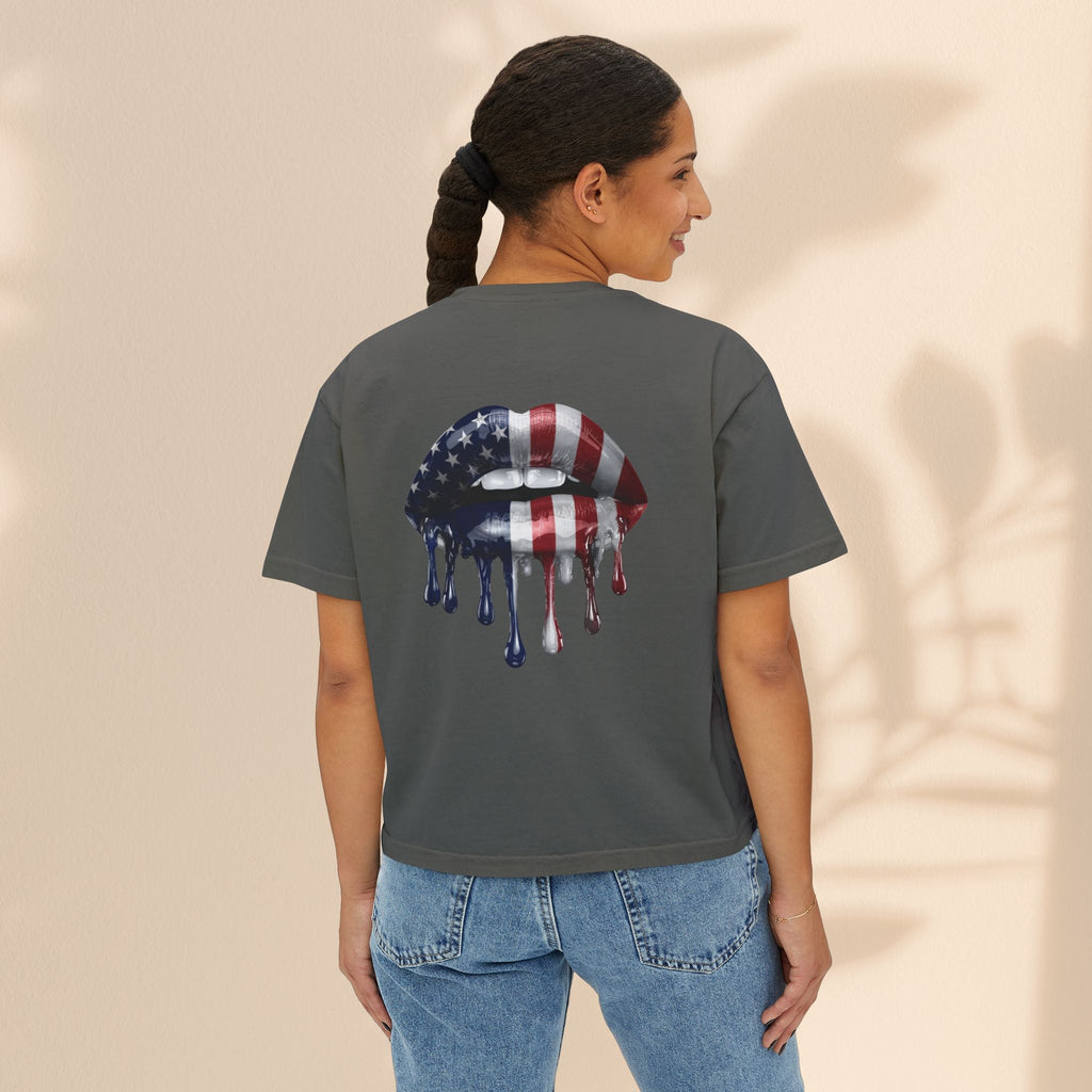 Patriotic Women's Boxy Tee with Dripping Lips Design