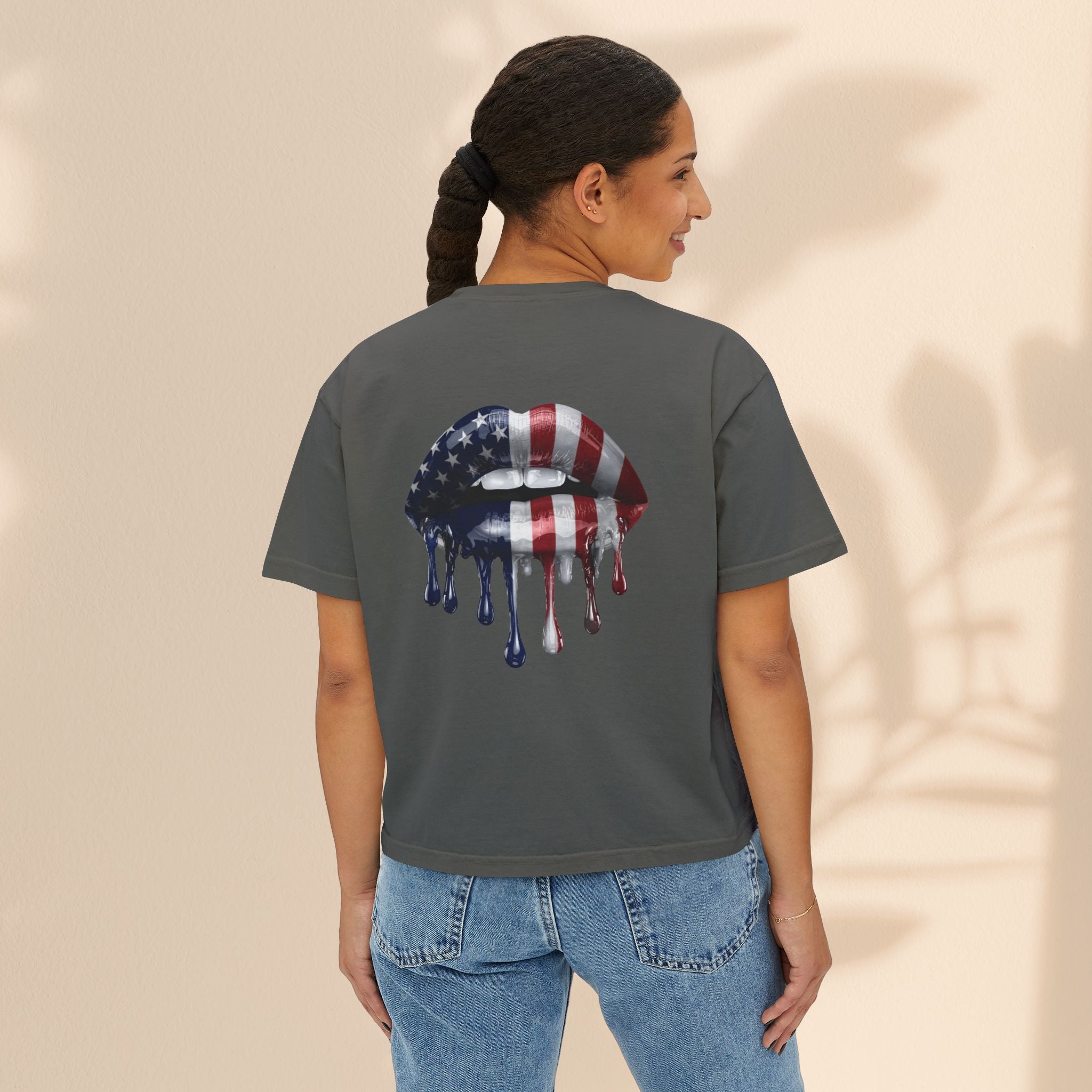 Patriotic Women's Boxy Tee with Dripping Lips Design