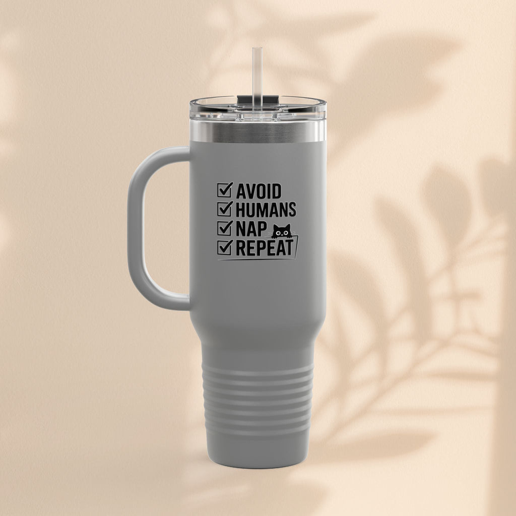 Funny Insulated Travel Mug - Avoid Humans Nap Repeat - 40oz, Coffee Cup, Gift for Introverts, Travel Mug, Holiday Present