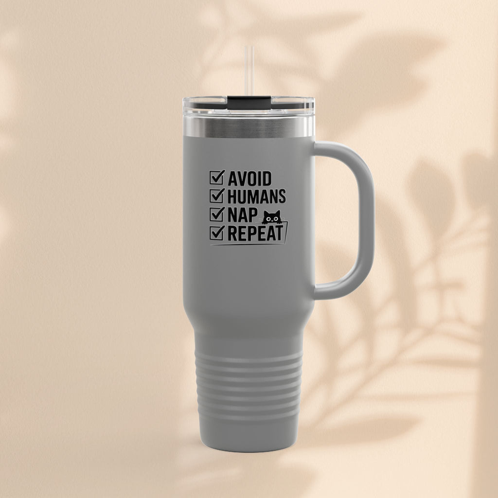 Funny Insulated Travel Mug - Avoid Humans Nap Repeat - 40oz, Coffee Cup, Gift for Introverts, Travel Mug, Holiday Present