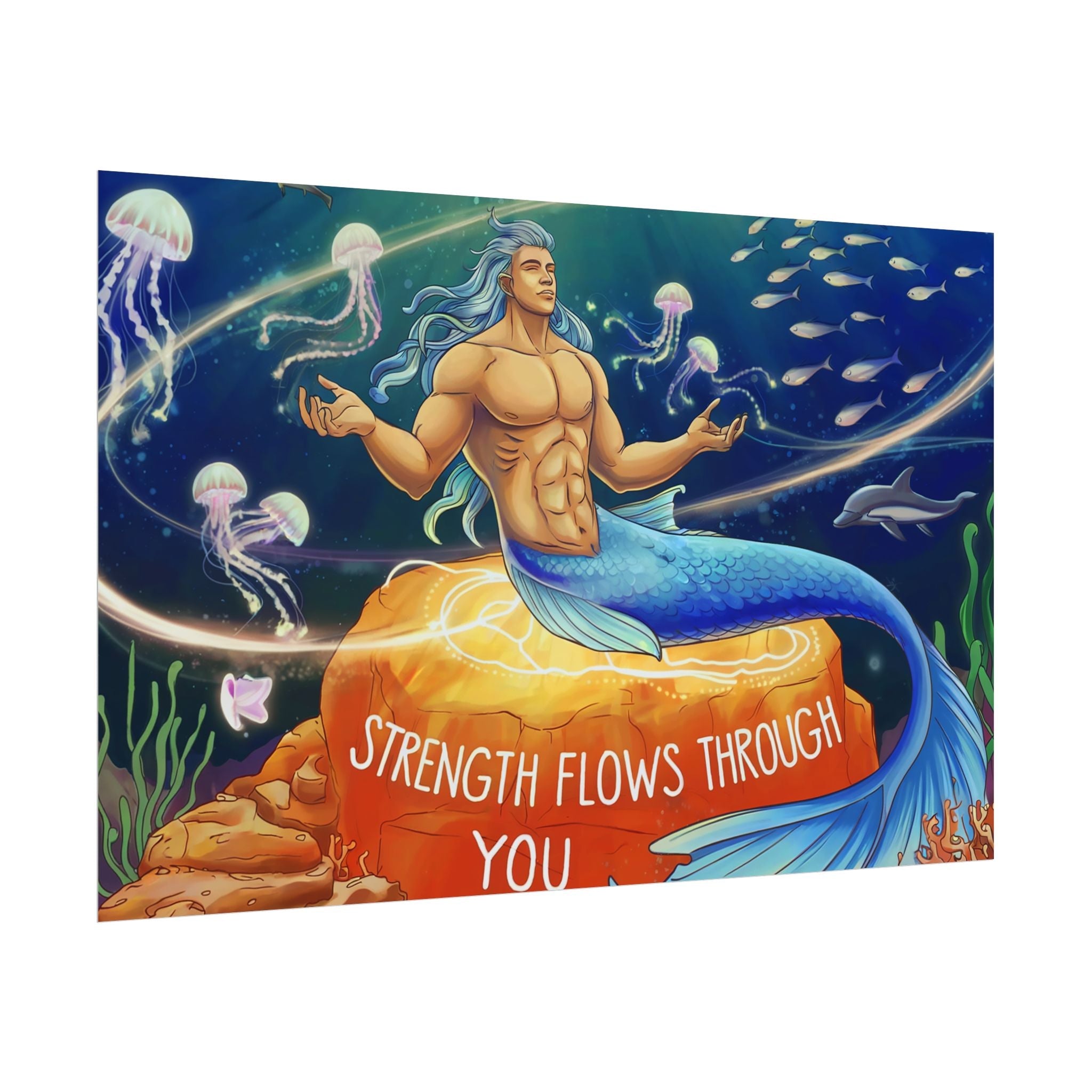 Inspirational Merman Rolled Poster - 'Strength Flows Through You' Artwork for Ocean Lovers