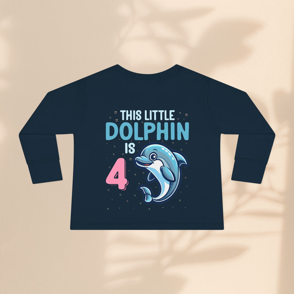 Dolphin Birthday Tee for 4-Year-Olds, Cute Dolphin Birthday Tee for Kids, Toddler Long Sleeve, 4th Birthday Gift, Ocean-Themed Shirt