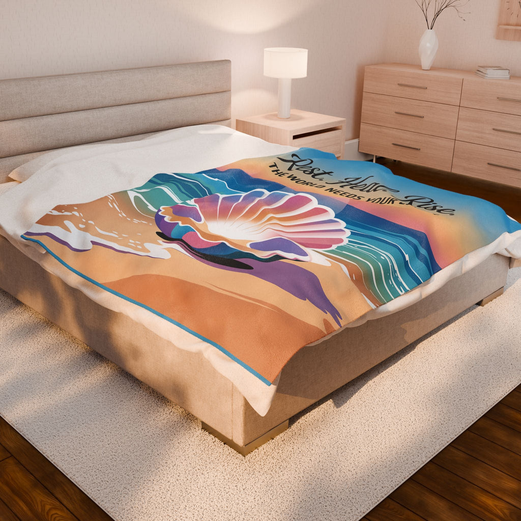 Inspiring Velveteen Plush Blanket - 'Rest. Heal. Rise.' Ocean Vibes