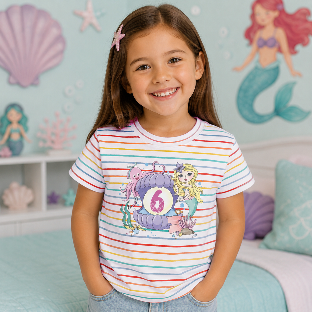 Age 6 Toddler Tee with Mermaid & Octopus Design - Birthday Celebration