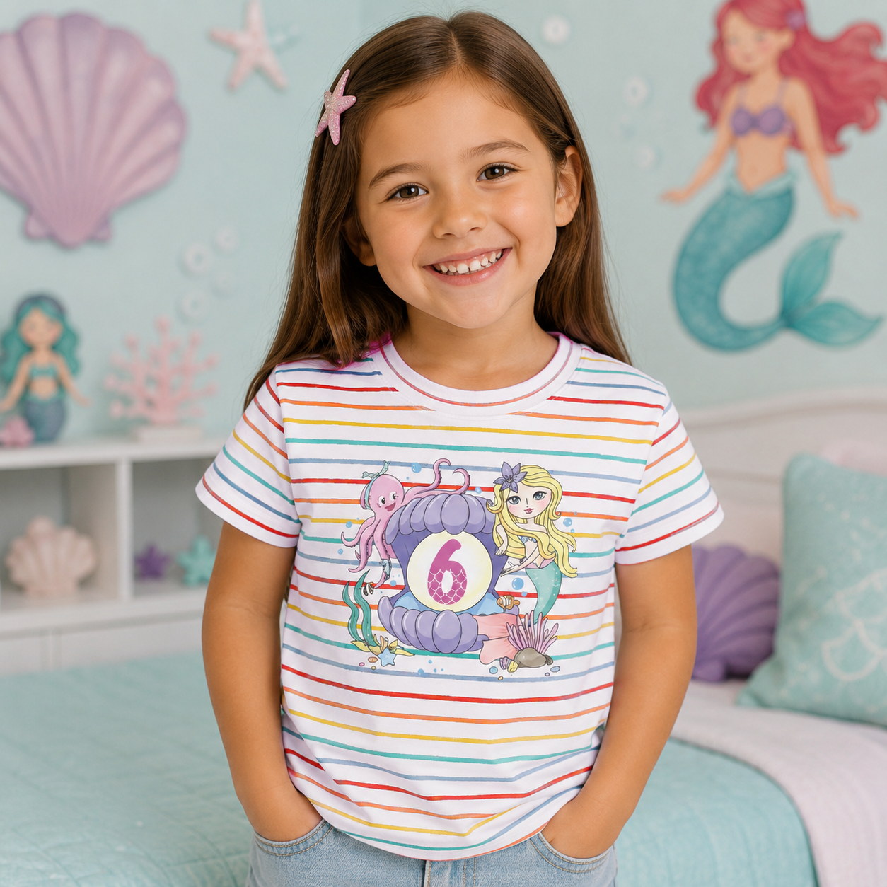 Age 6 Toddler Tee with Mermaid & Octopus Design - Birthday Celebration