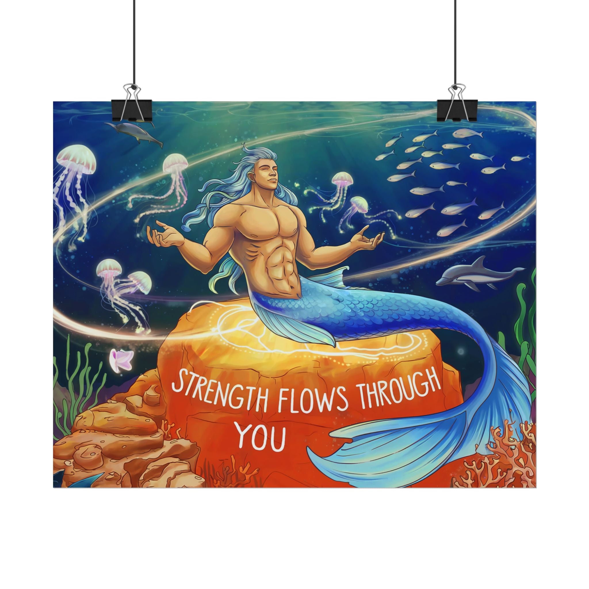 Inspirational Merman Rolled Poster - 'Strength Flows Through You' Artwork for Ocean Lovers